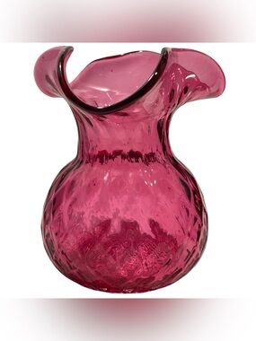 Vintage 1980s Rossi Cranberry Glass Vase Quilted Diamond Optic Ruffle Edge